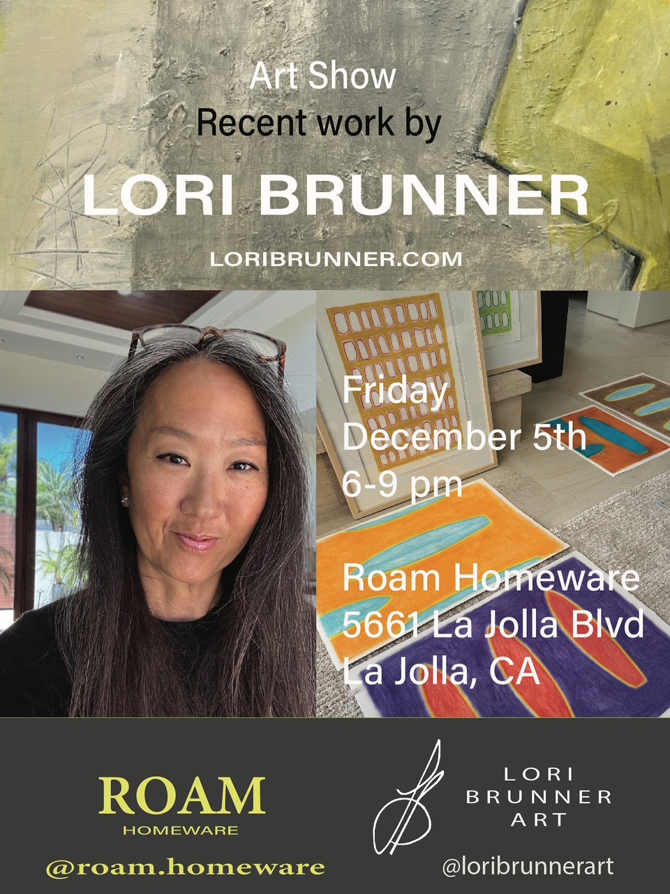 Art Exhibition by Lori Brunner in La Jolla. December 5th, 2025, from 6-9 pm. Roam Homeware. Original art. Holiday products.